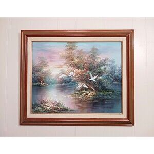 Vtg Original Judy J Thompson Oil Painting Canvas Marsh Florida Everglades Egrets